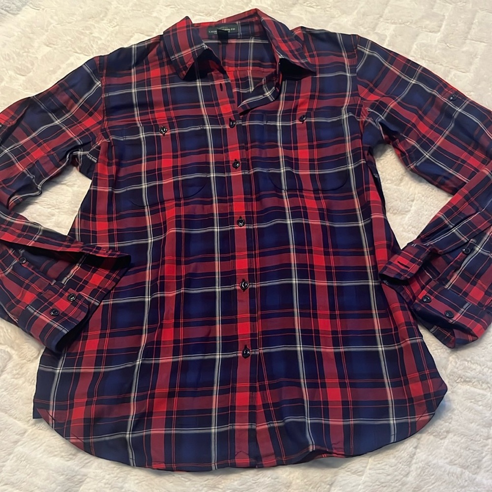 Lauren Jeans Co. Ralph Lauren Blue Red Striped Plaid Button Up Shirt
